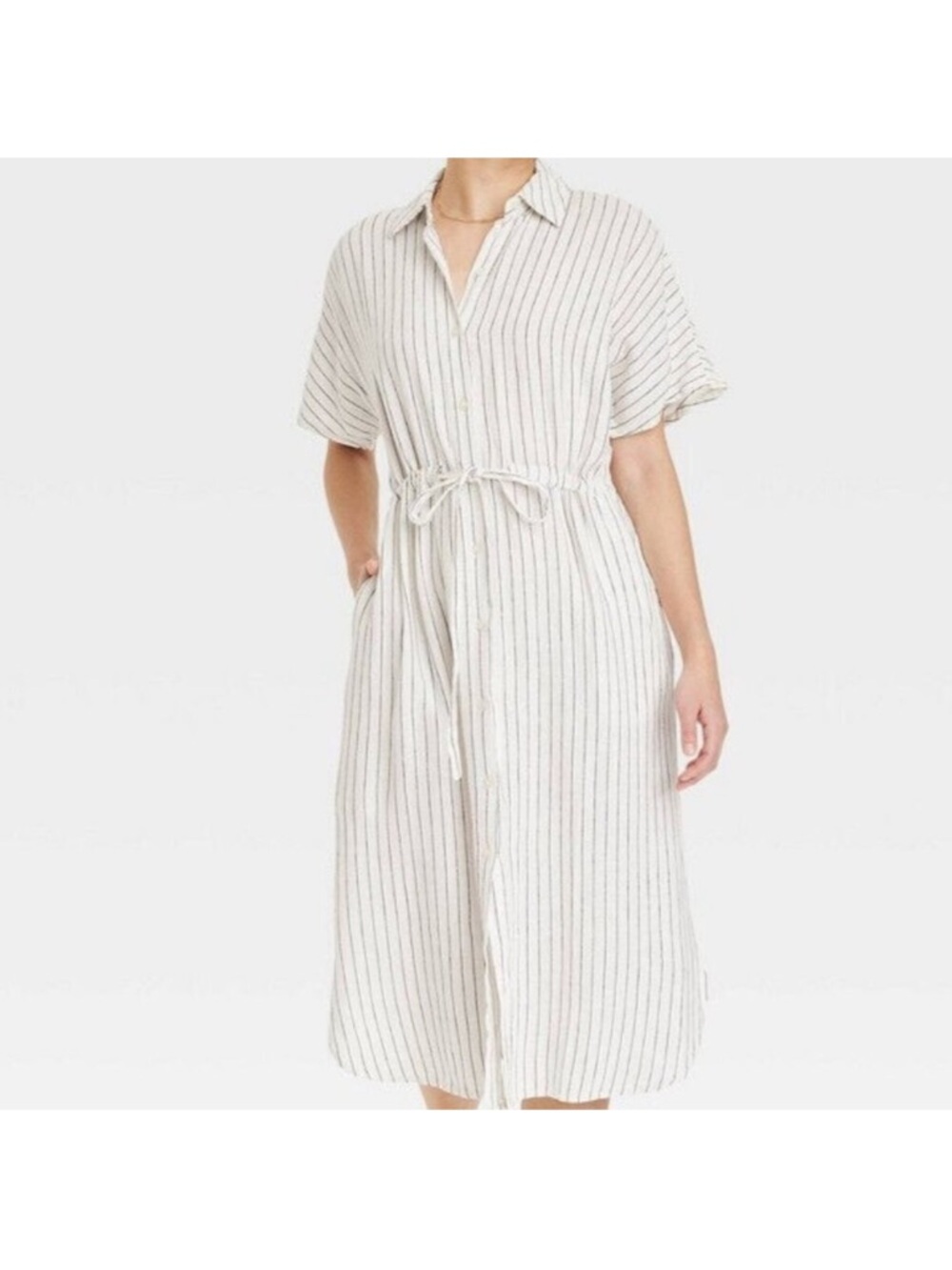 Striped Button-Front Shirt Dress in Cream